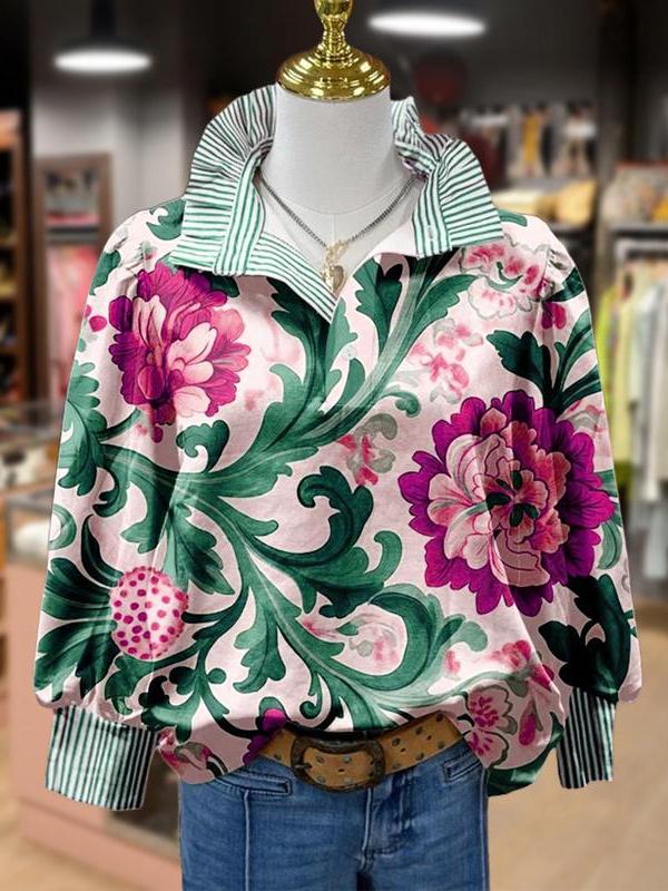 Vintage Floral Print Striped Collar Top(Buy 2 Free Shipping)