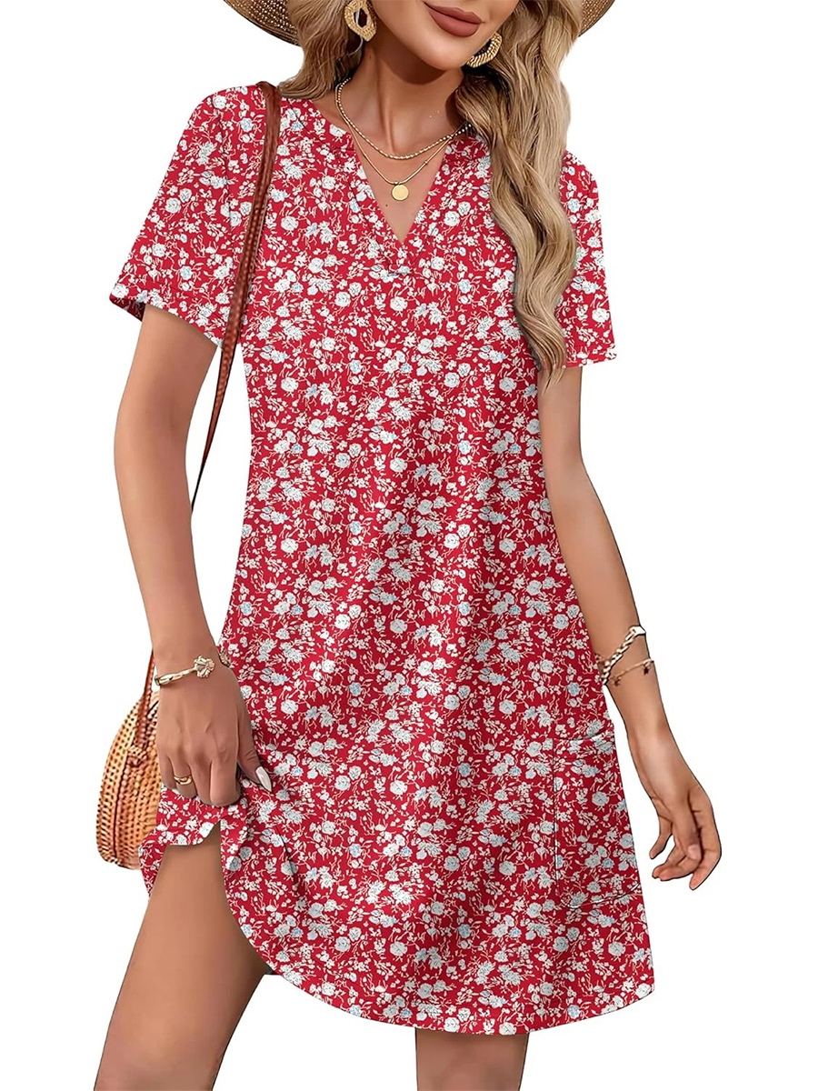 Women's Casual Printed V Neck Short Sleeve Pocket Midi Dress
