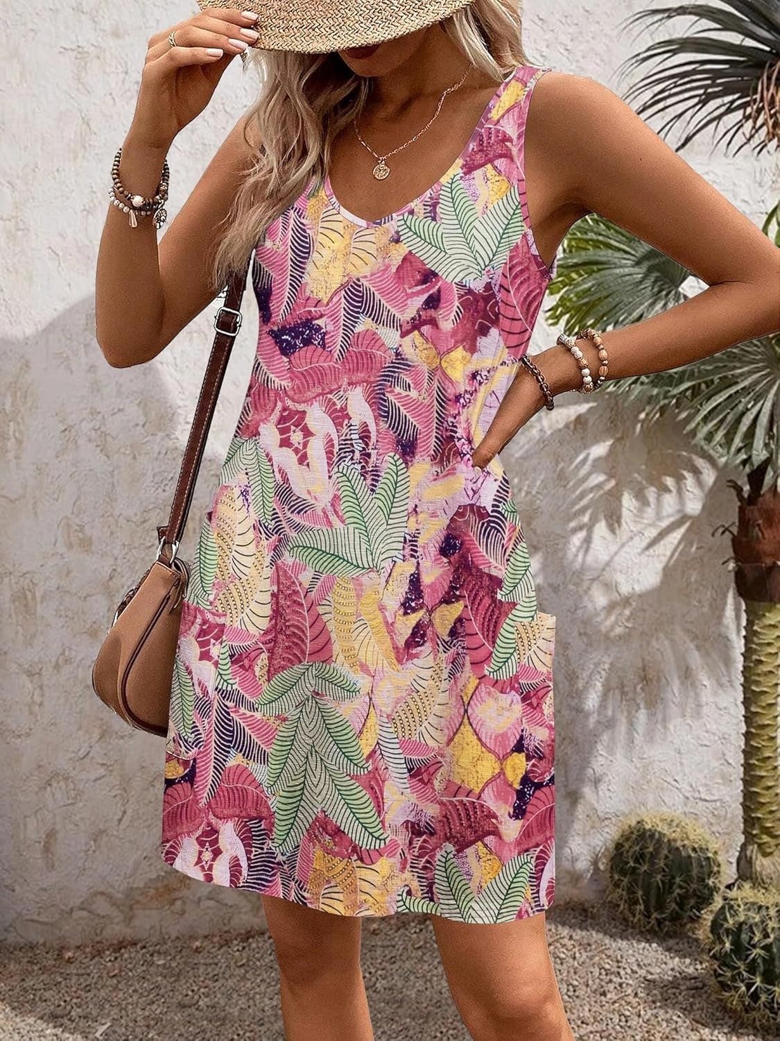 Women's Casual Floral V Neck Loose Tank Dress with Pockets