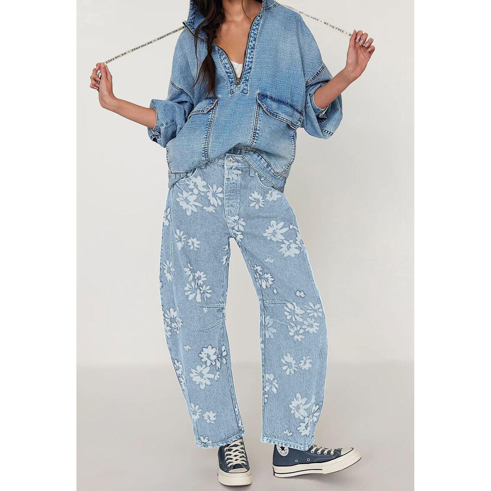 Women's Mid-rise Floral Print Cropped Loose Wide-leg Jeans