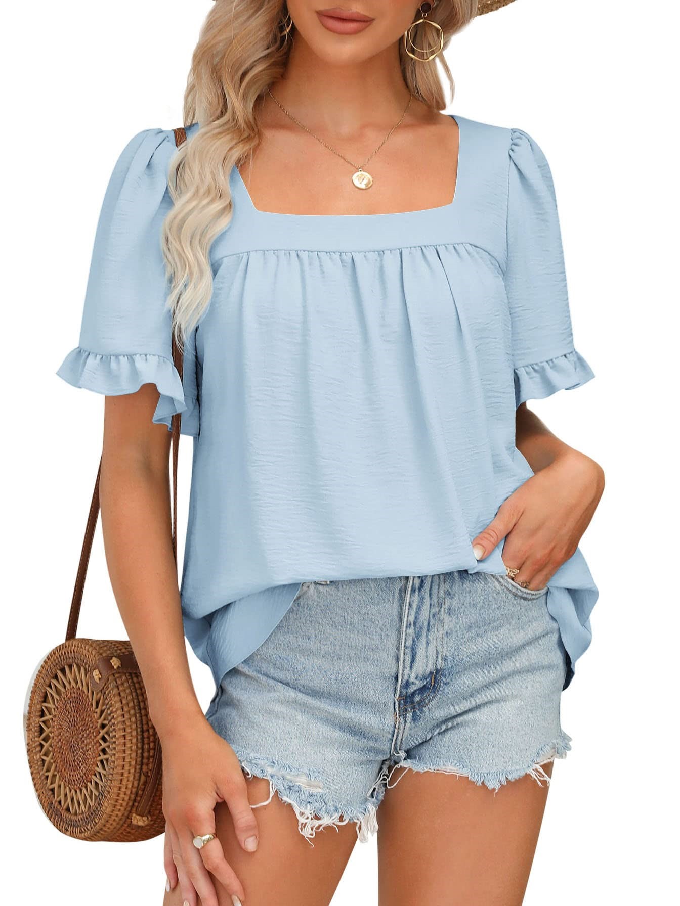 Women's Sqaure Neck Ruffle Sleeve Blouses Peplum Tops