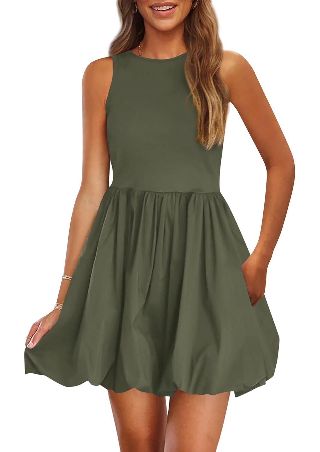 Women's Casual Crew Neck Sleeveless Tank Bubble Dress with Pockets