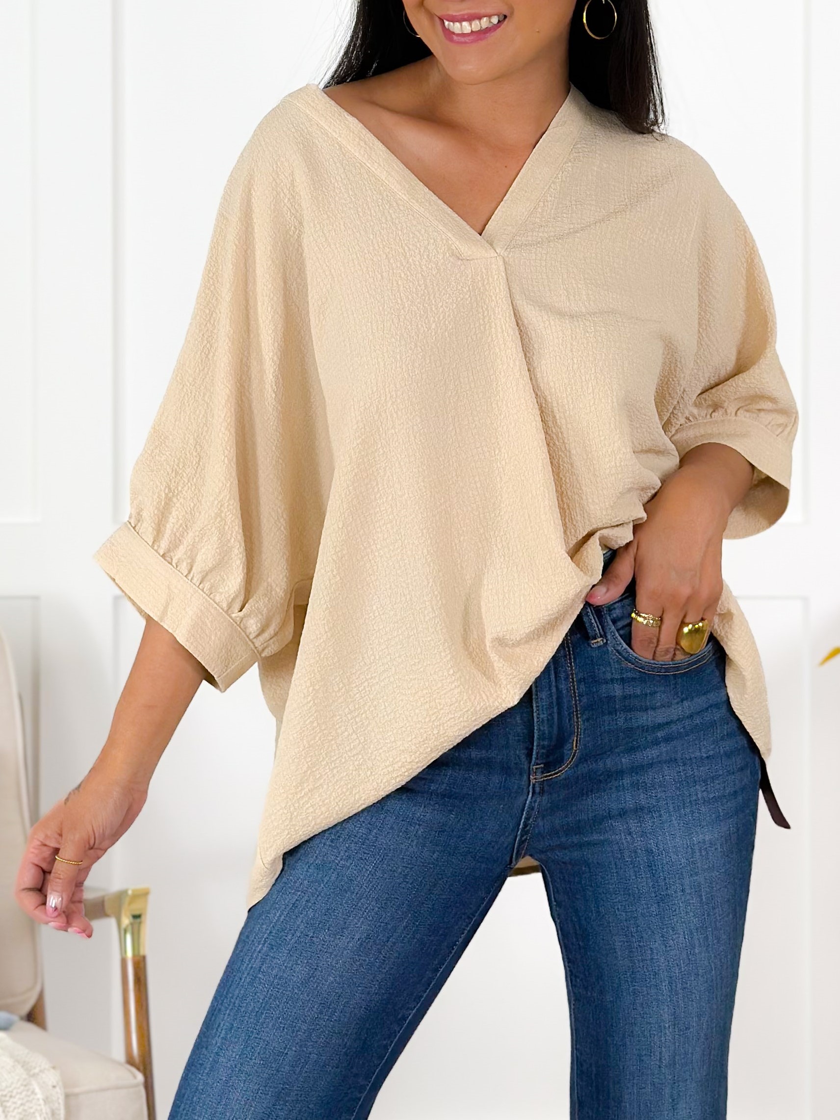 Textured Solid Dolman Sleeve V Neck Blouse