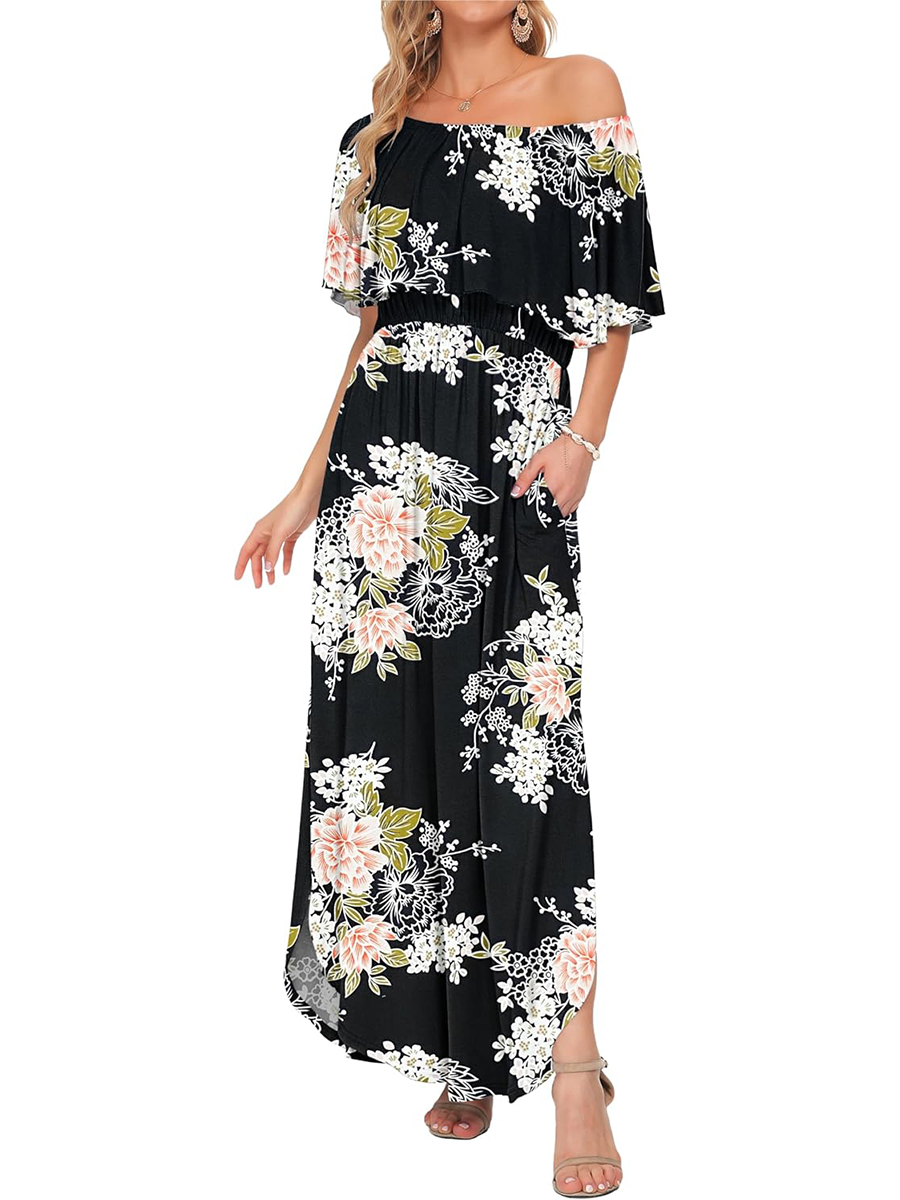 Women's Summer Casual Off Shoulder Ruffle Side Split Maxi Dresses with Pockets