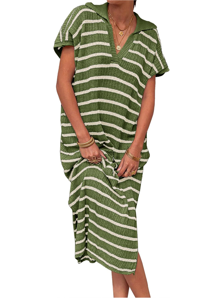 Women's V-neck Striped Slit Knitted Dress Casual Maxi Dress(BUY 2 FREE SHIPPNG)