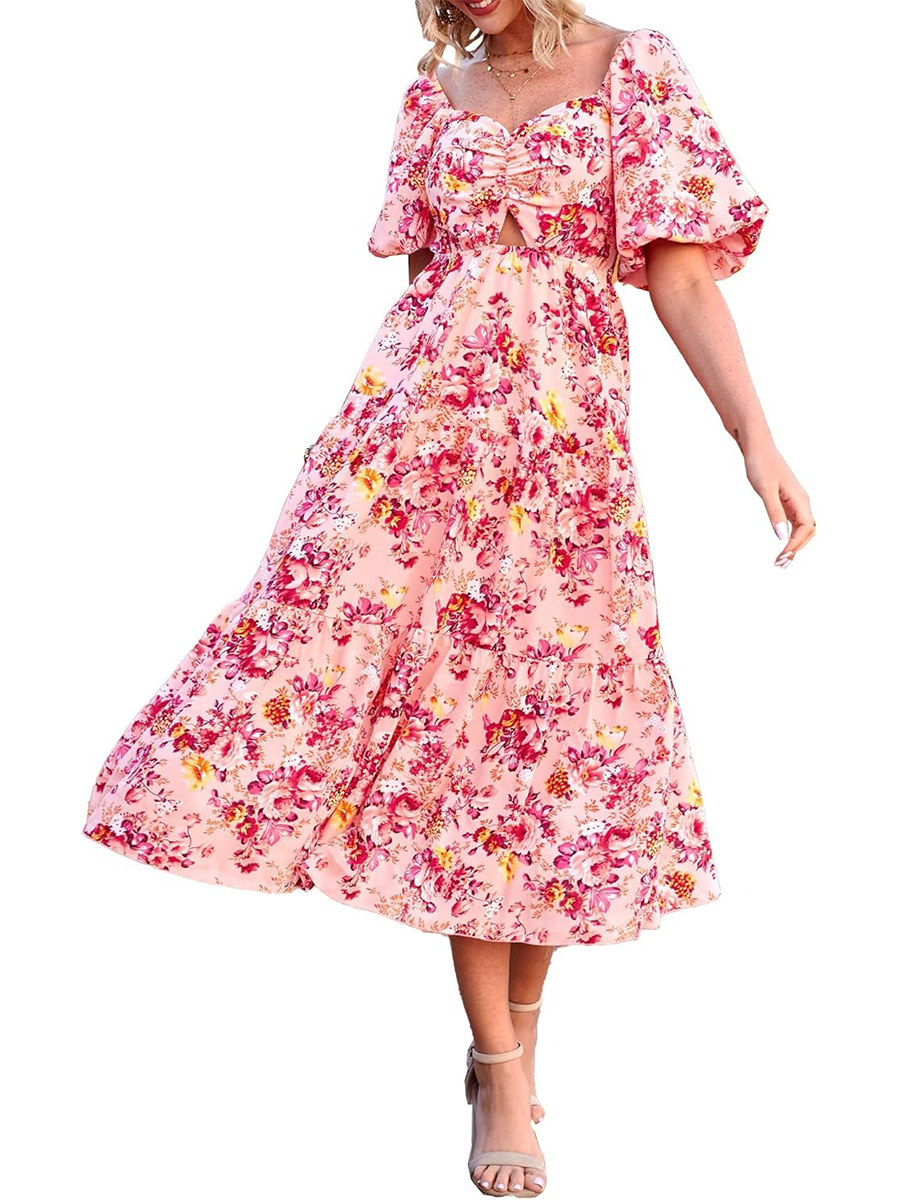 Women's Boho Floral Square Neck Puff Sleeve Cutout Long Maxi Dress