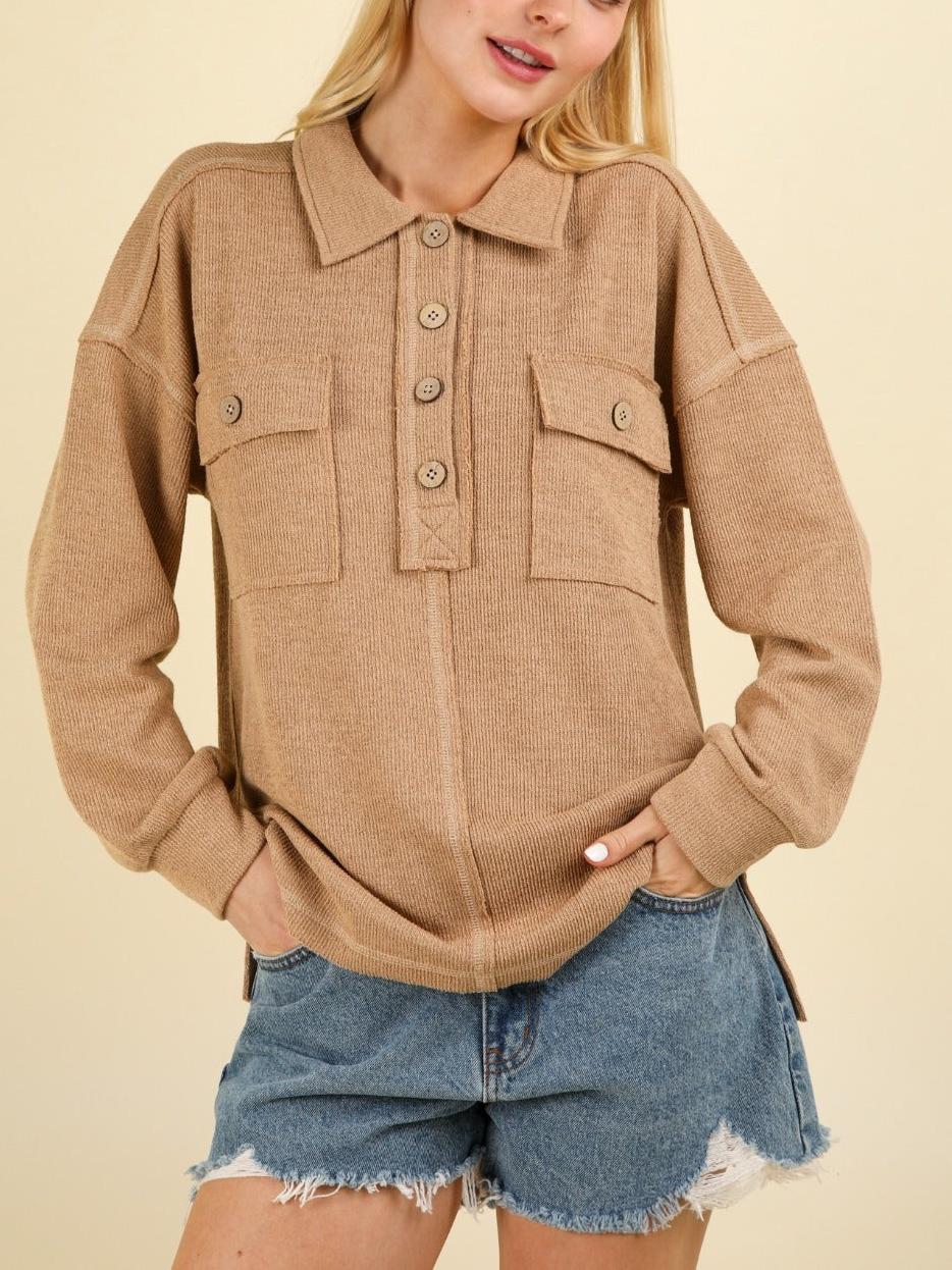 Collared Half Button Knit Top with Pockets