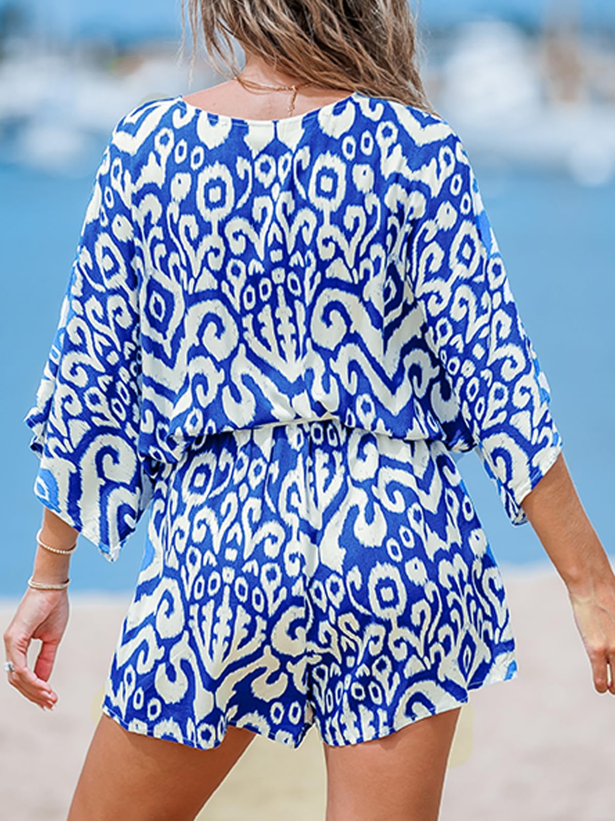 Women's Lace Up Print Romper Short Sleeves Jumpsuits Wide leg Outfit (buy 2 free shipping!!!)