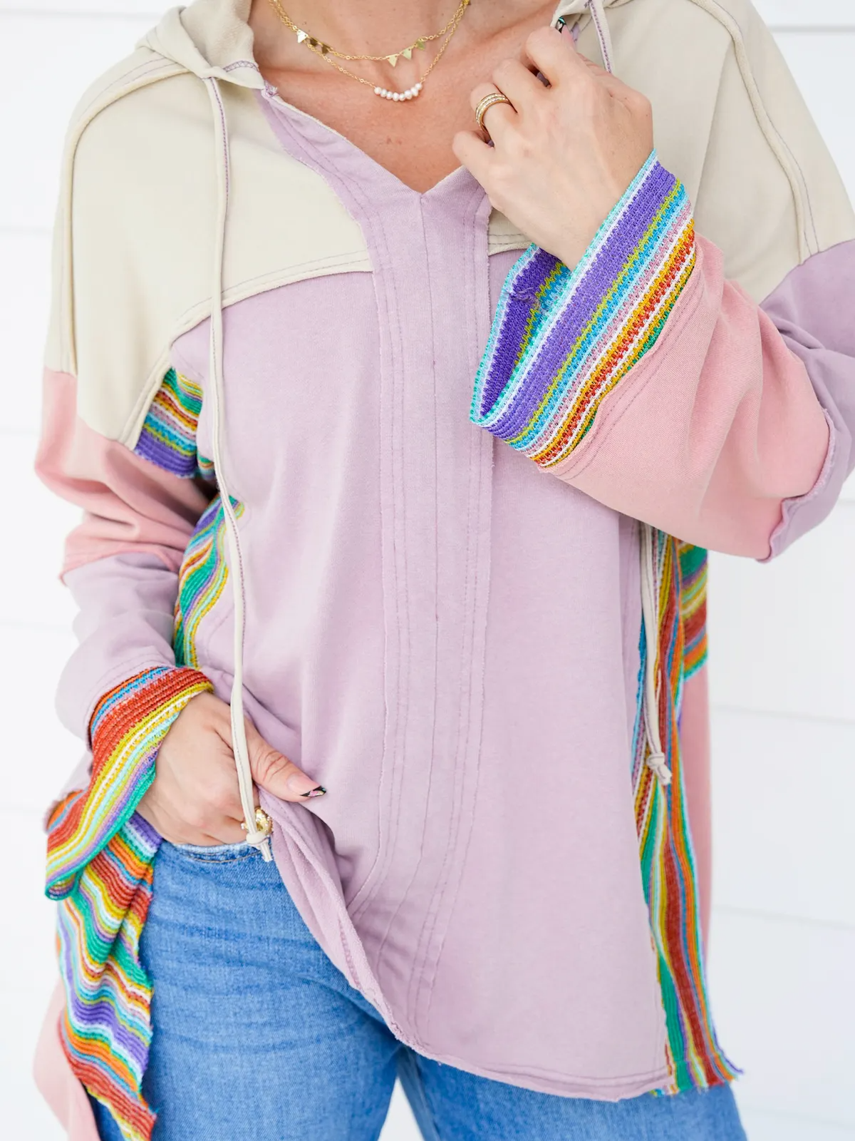Colorblock long sleeve top with rainbow crochet details