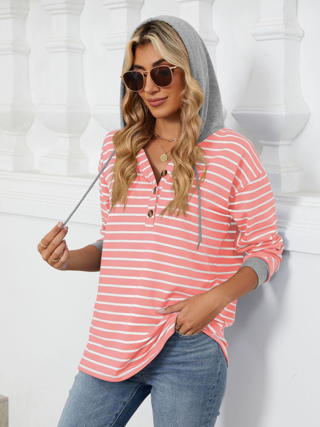 Womens Striped Hoodies Jumper Drawstring Tops