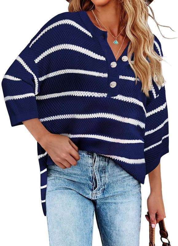 Women's Striped Button Down V Neck 3/4 Sleeve Lightweight Knit Pullover