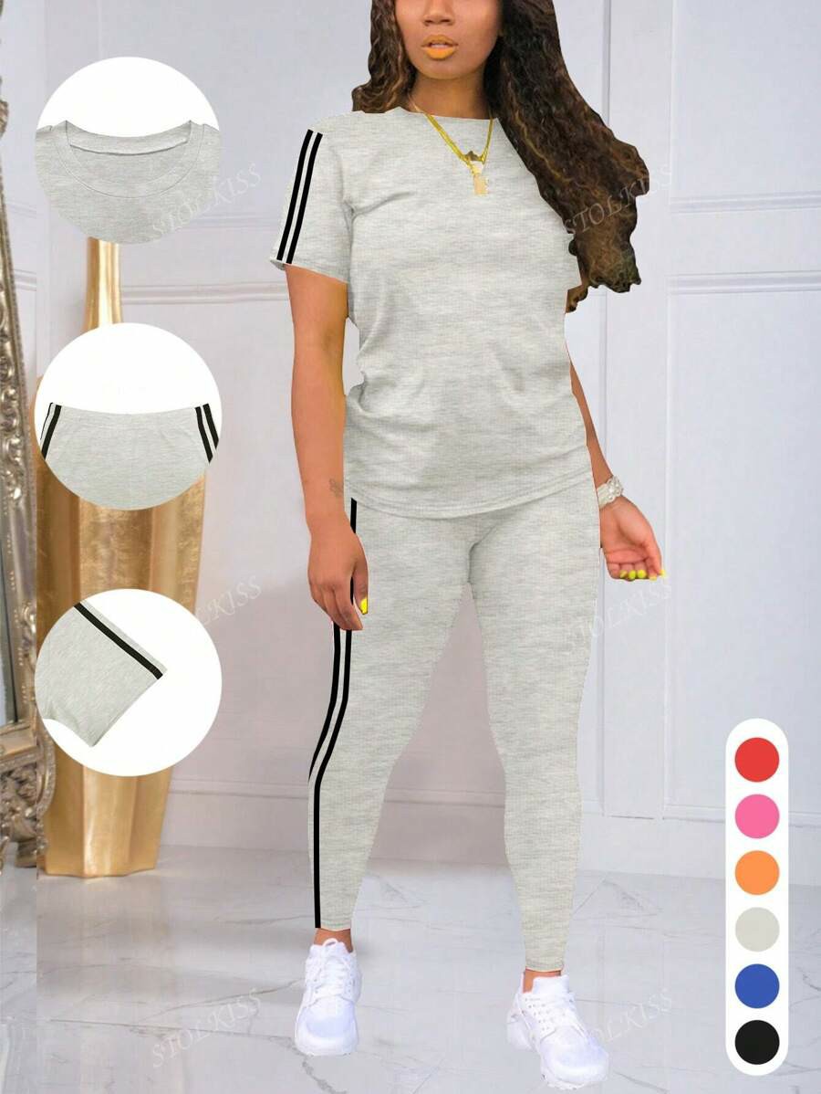 Women's Striped Round Neck Short Sleeve Sports Top And Pants Set