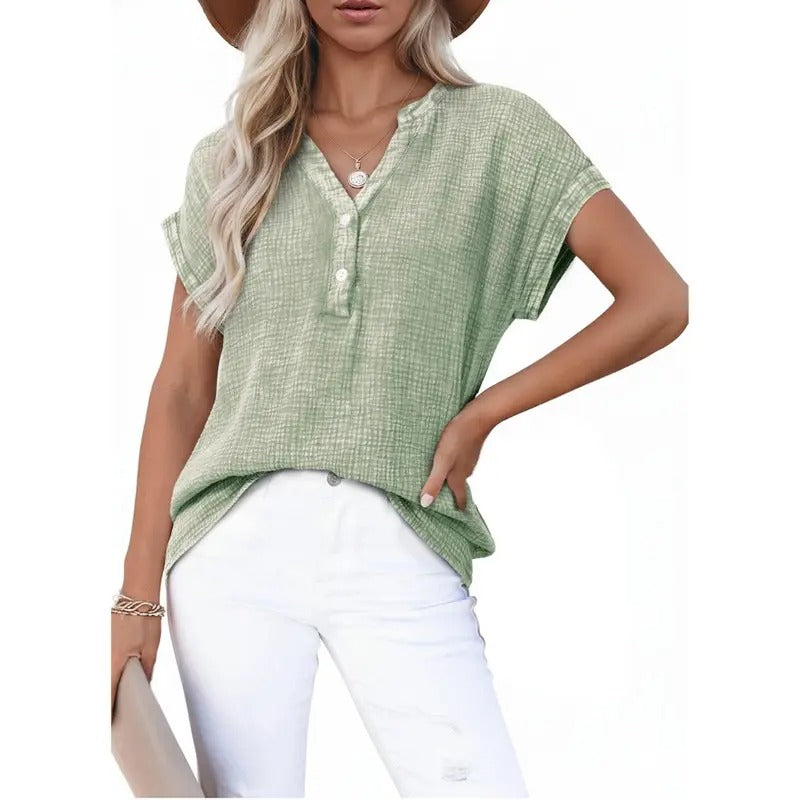 Women’s Summer Boho Tops Casual Button Short Sleeve V Neck Shirts Solid Cotton Blouses