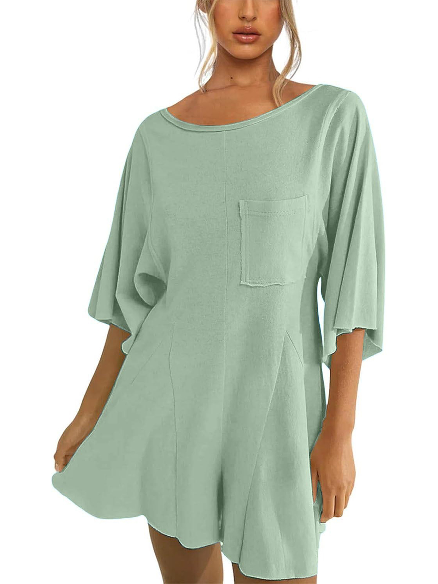 Women's Short Sleeve Loose Ruffled Short Romper Dress with Pocket