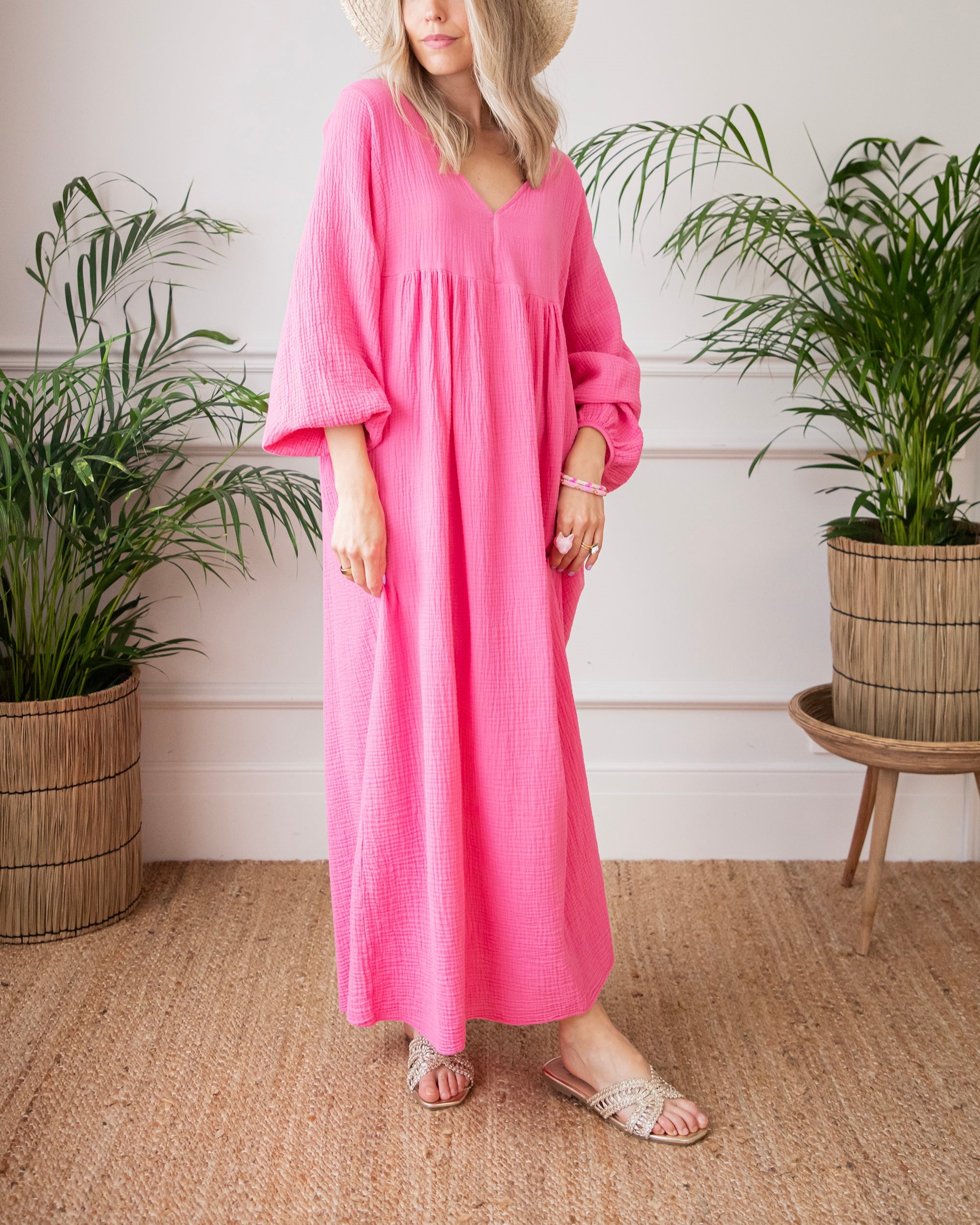 V Neck Puff Long Sleeve Maxi Dress