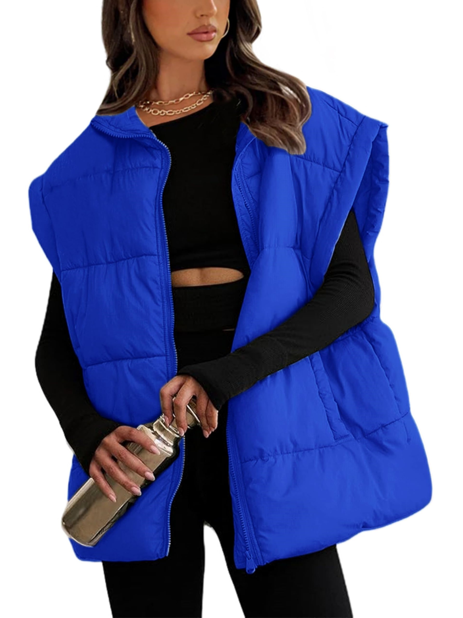 Women's Oversized Stand Collar Puffer Vest Lightweight with Pockets
