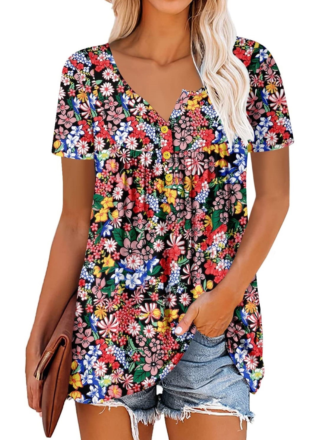 Women's Printed Botton Down Pleated Short Sleeve Shirts Tunic Tops