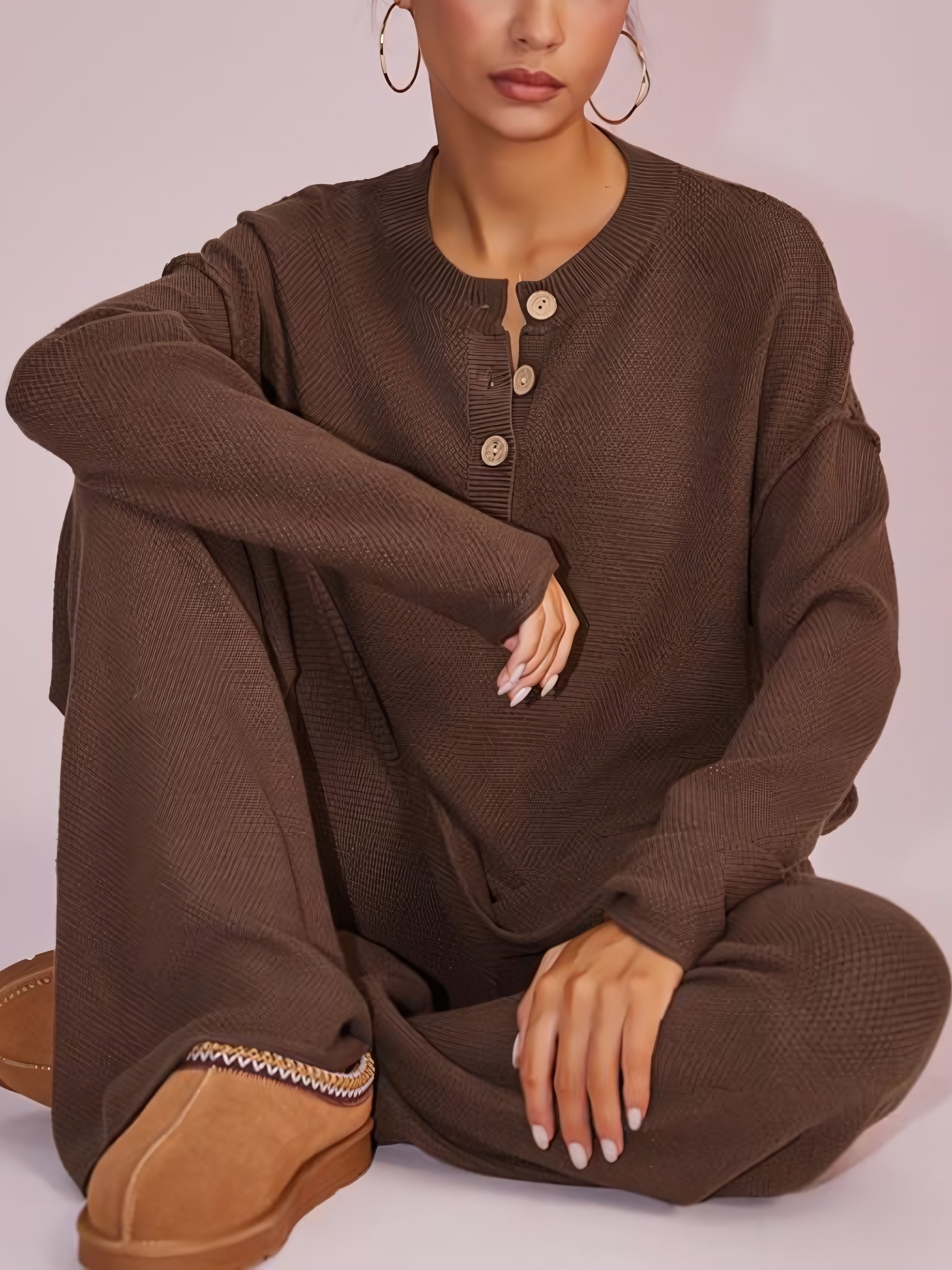 Women's Button Front Top & Wide Leg Pants Waffle Knit Lounge Set