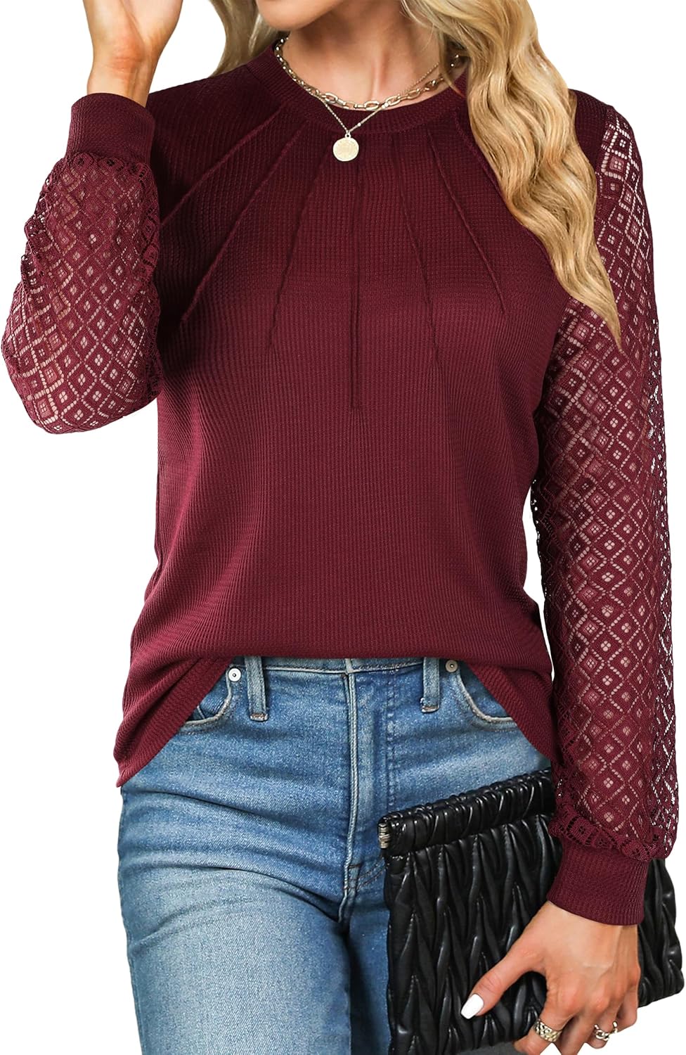 Women's Dressy Casual Lace Long Sleeve Knit Tops Shirts