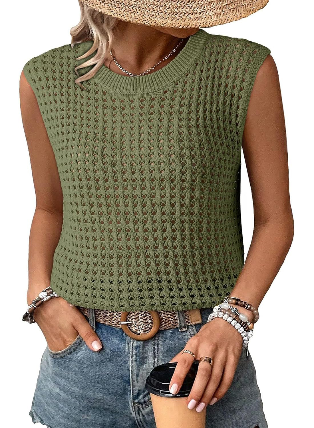 Women's Crewneck Sleeveles Loose Crochet Hollow Vest Top Cover Ups