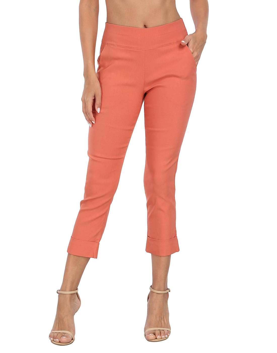 Women's Pull On Capri Pants with Pockets Elastic Waist Cropped Work Pants