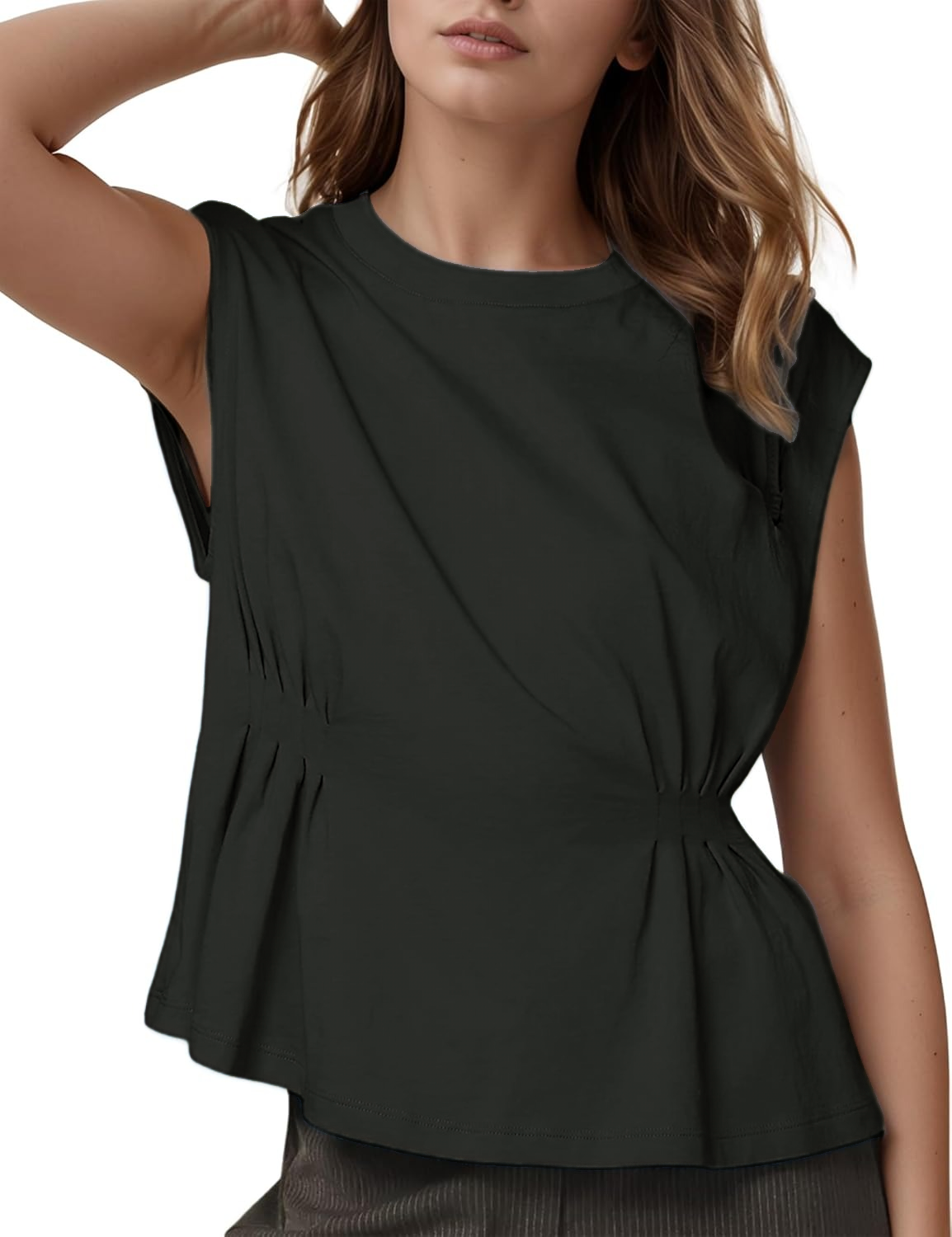 Women's Casual Cap Sleeve Dressy Pleated Tops Tunic Shirt