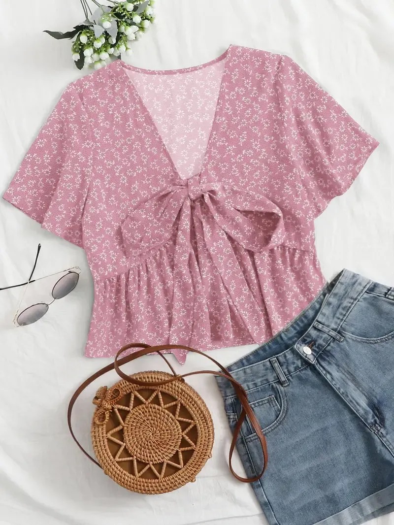 Women's Floral Print V Neck Tie Knot Ruffle Hem Short Sleeve Top