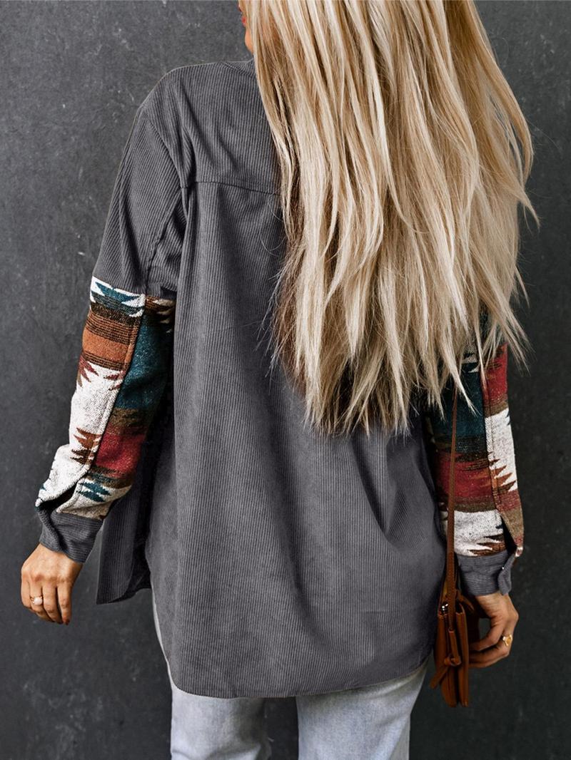 Women's Western Geometric Print Collared Button Front Corduroy Coat