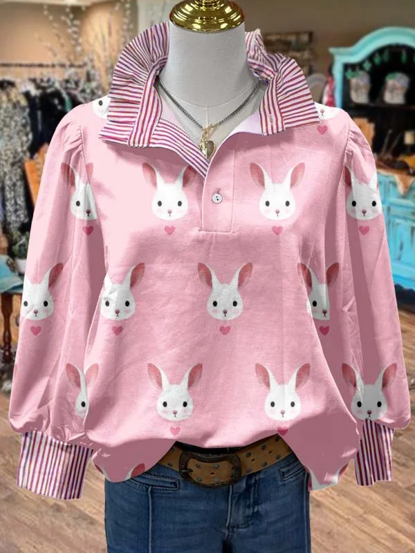 Vintage Floral Print Striped Collar Top