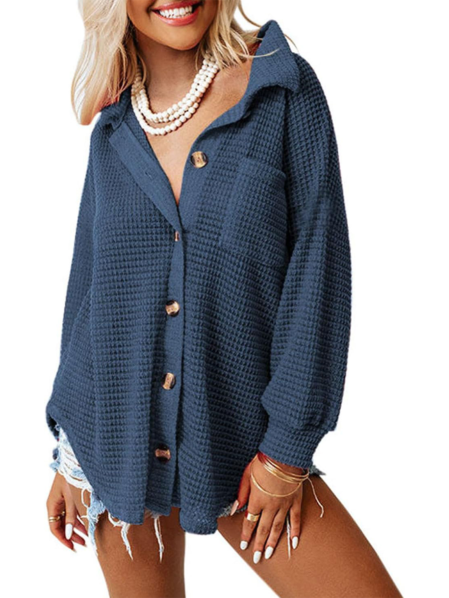 Women's Waffle Knit Casual Button Down Shirts Jacket