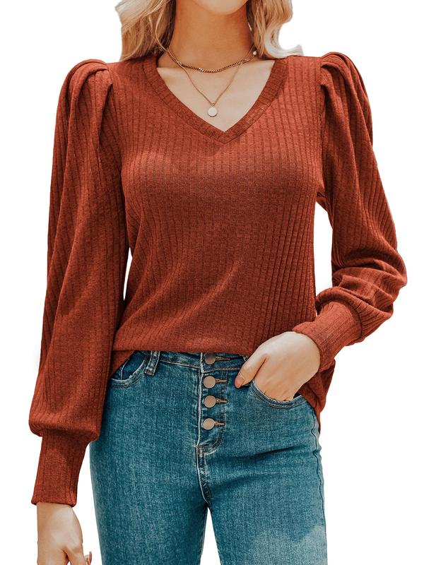 Women's Knit Shirt Soft Puff Long Sleeve Blouse Tops
