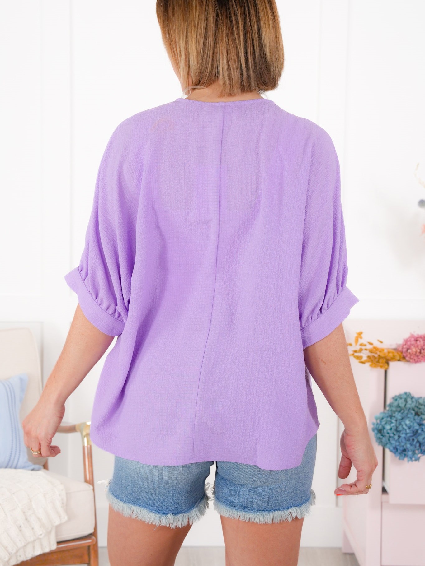 Textured Solid Dolman Sleeve V Neck Blouse