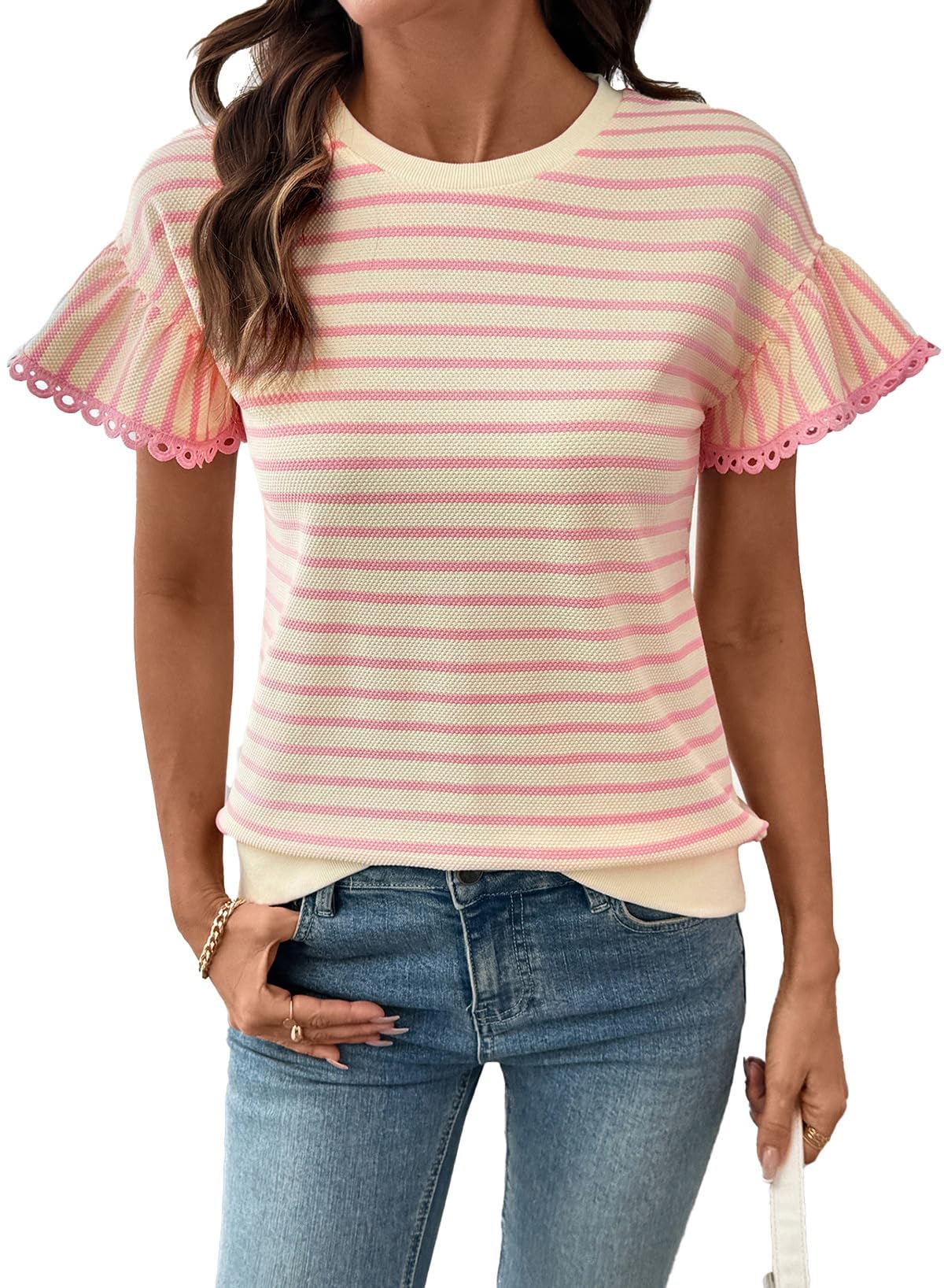 Women's Knit Striped Color Block Ruffled Short Sleeve Top