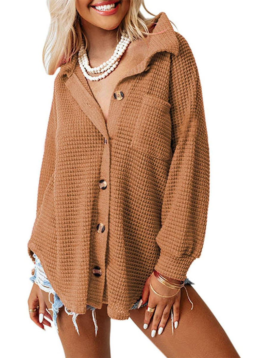 Women's Waffle Knit Casual Button Down Shirts Jacket