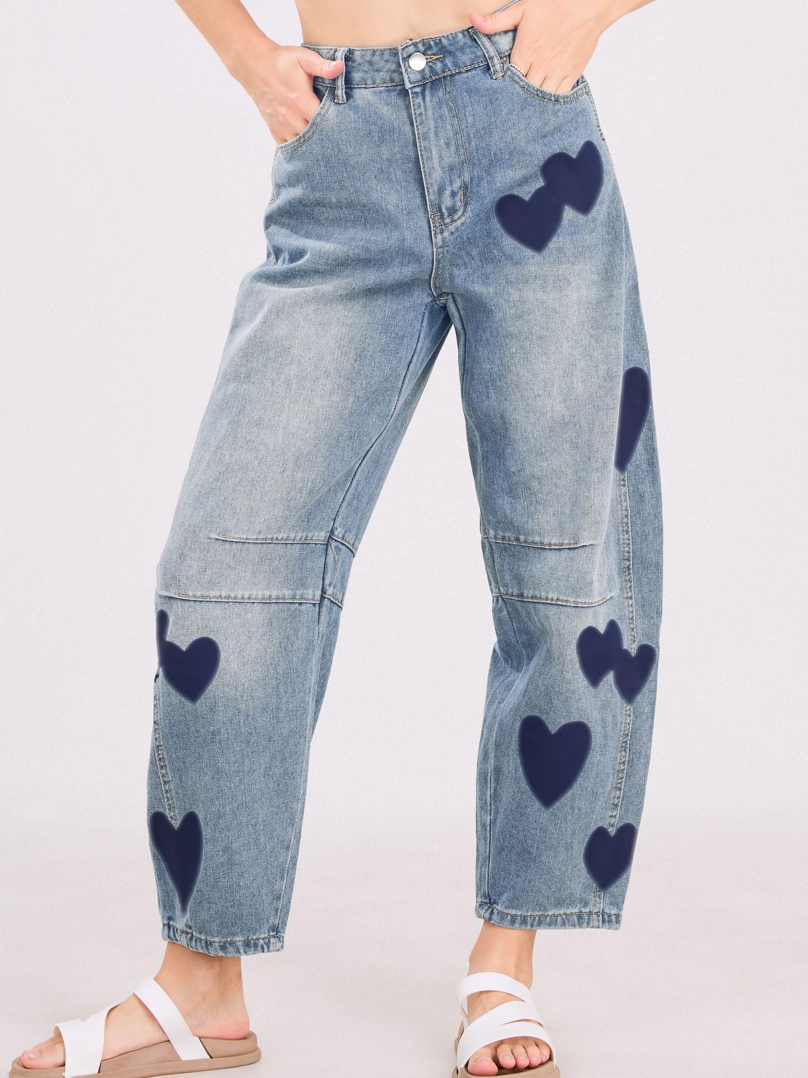 Women's Mid Rise Heart Printed Wide Leg Barrel Jeans
