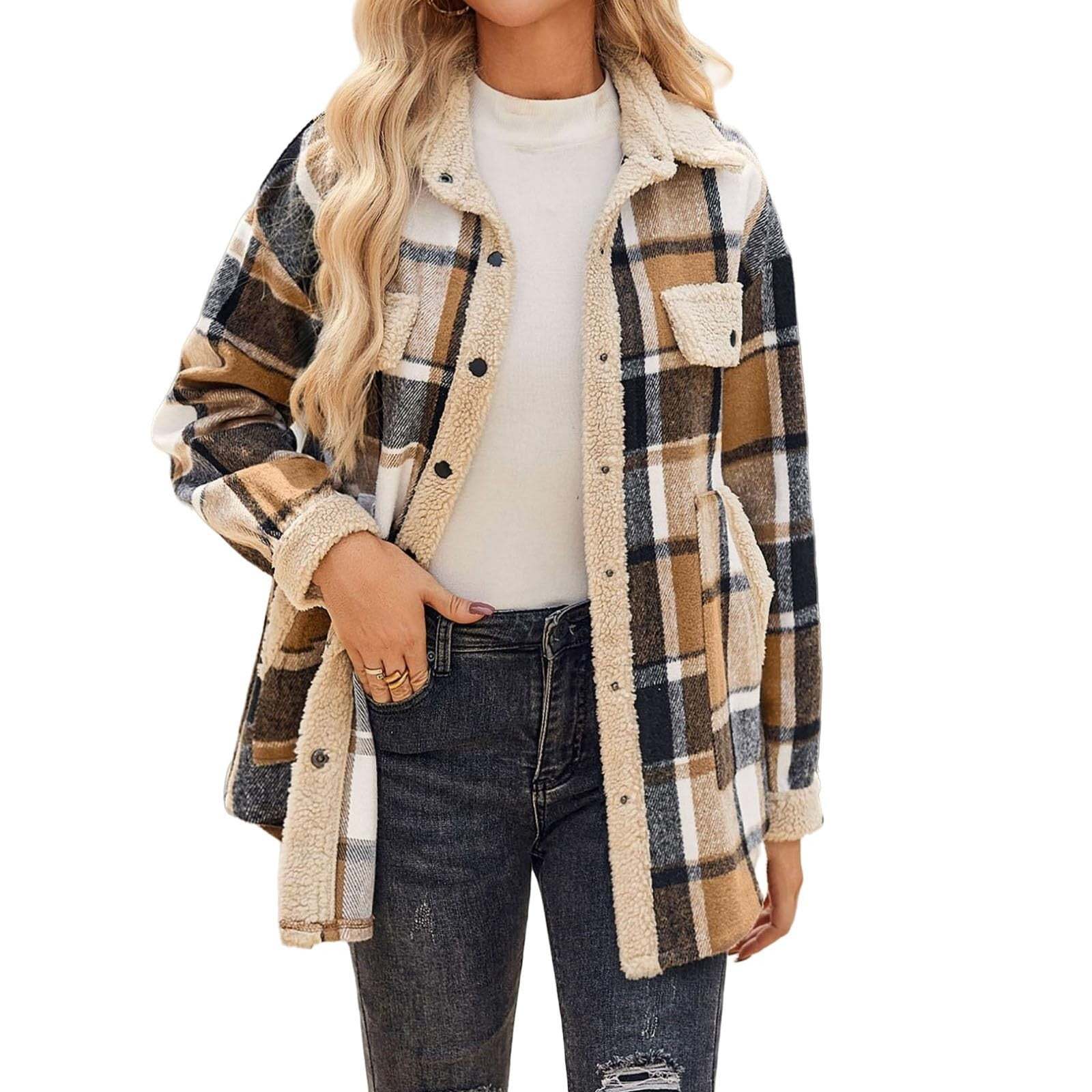 Women's Fleece Flannel Button Down Plaid Shacket Jacket