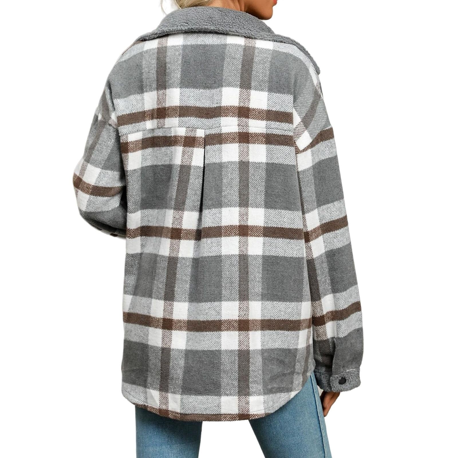 Women's Fleece Flannel Button Down Plaid Shacket Jacket