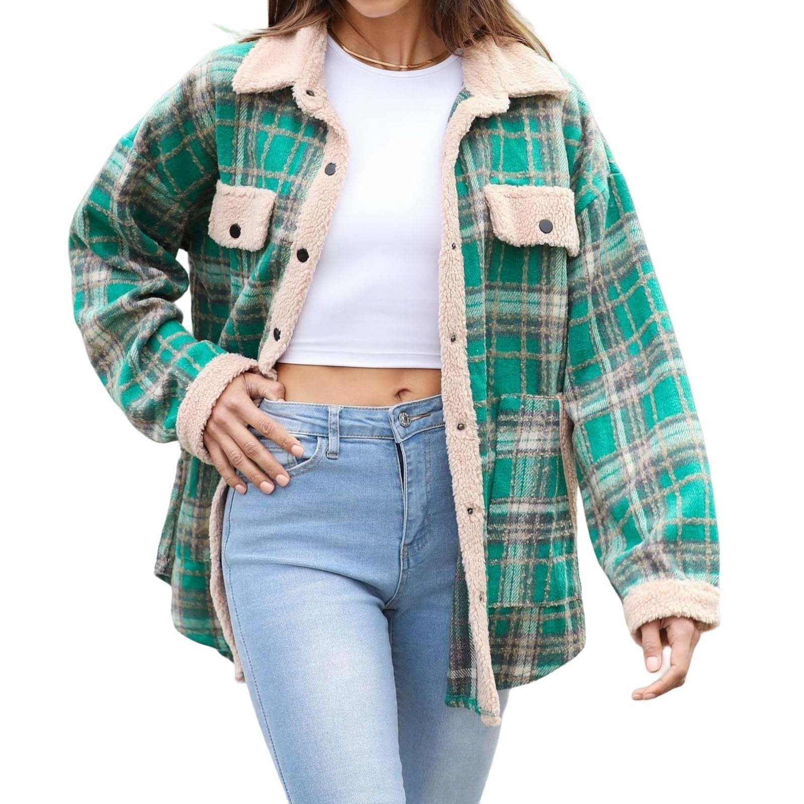 Women's Fleece Flannel Button Down Plaid Shacket Jacket