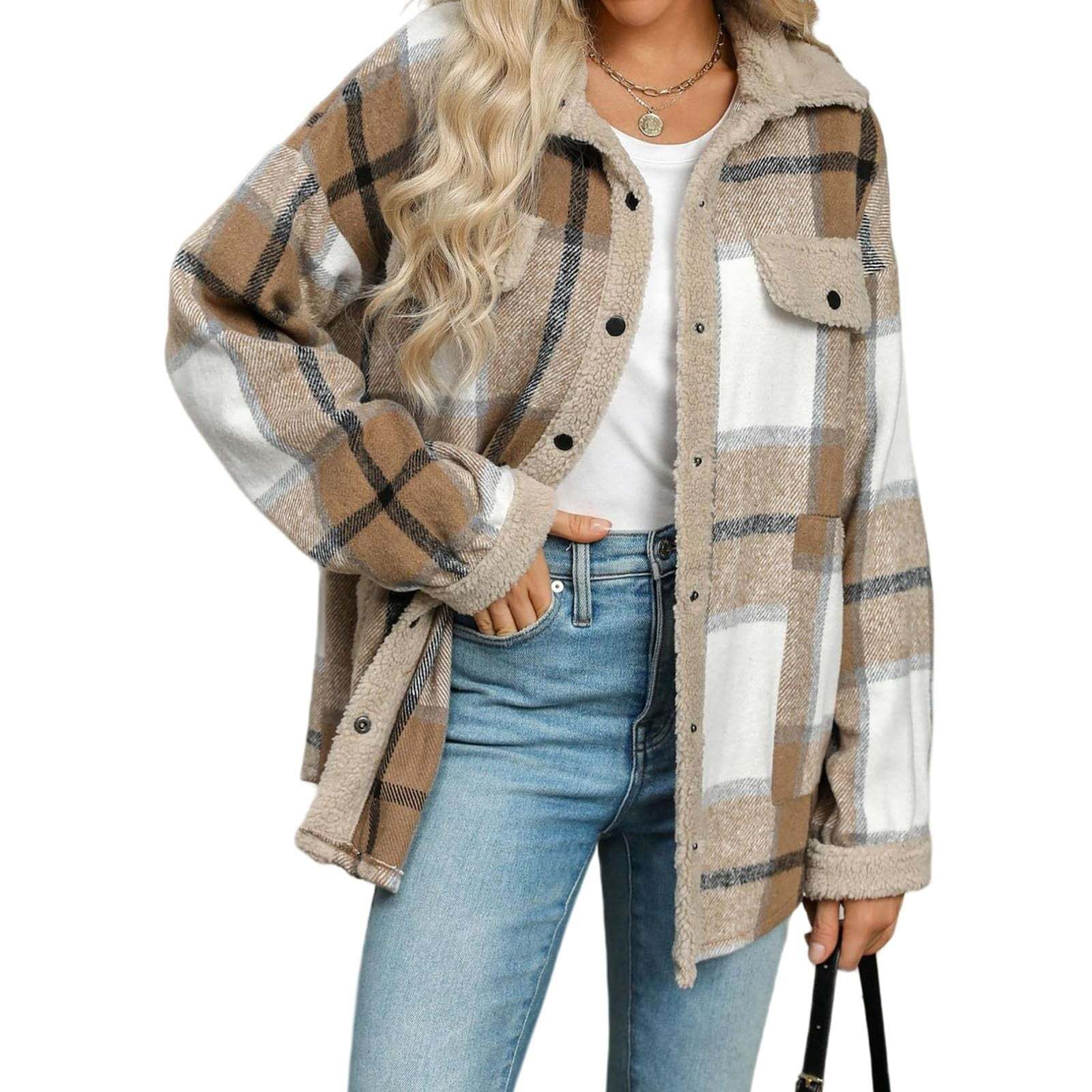 Women's Fleece Flannel Button Down Plaid Shacket Jacket