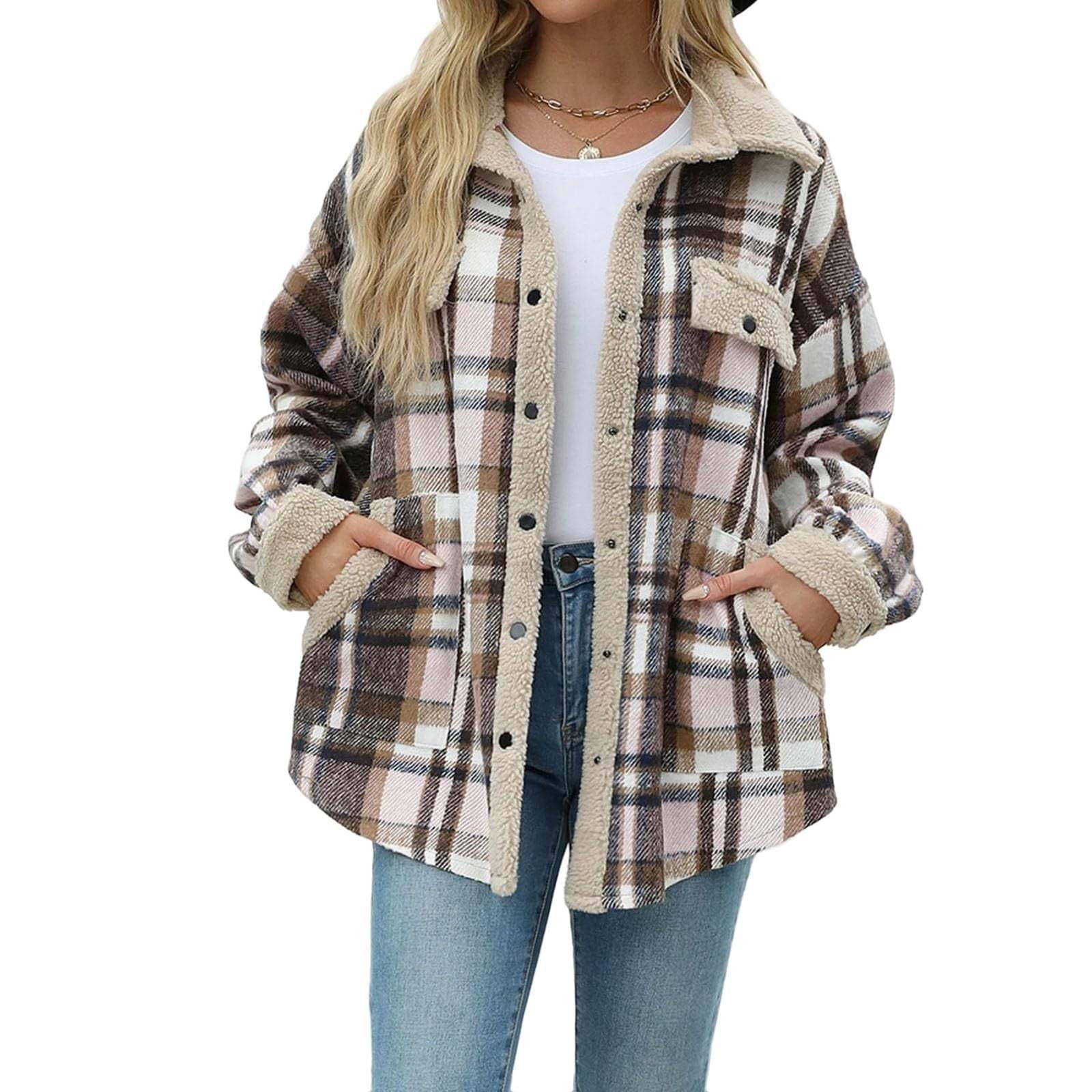 Women's Fleece Flannel Button Down Plaid Shacket Jacket