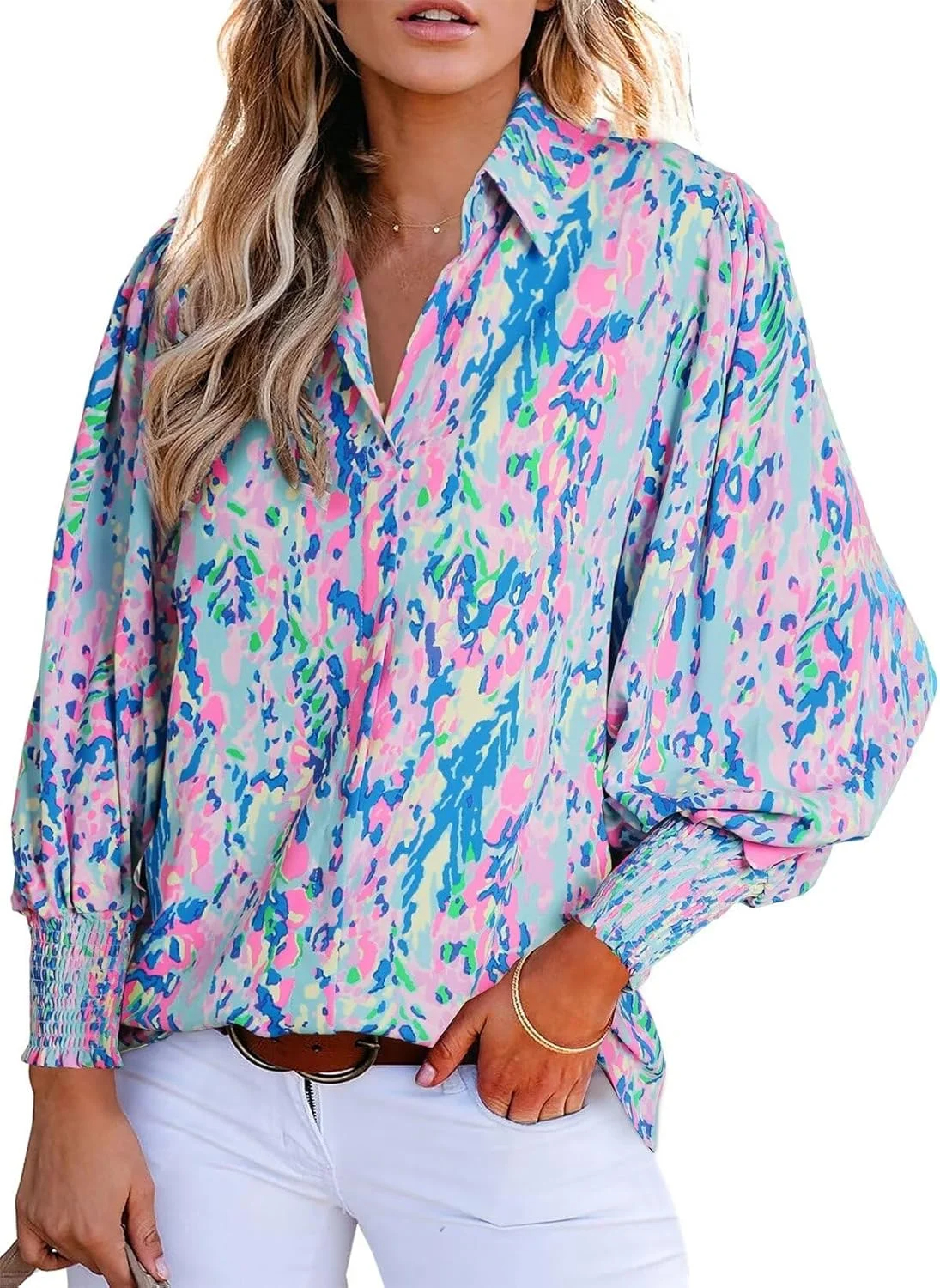 Women's Loose V-Neck Paisley Print Lantern Sleeve Blouse Top