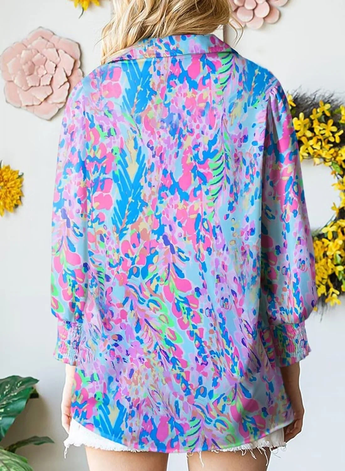 Women's Loose V-Neck Paisley Print Lantern Sleeve Blouse Top