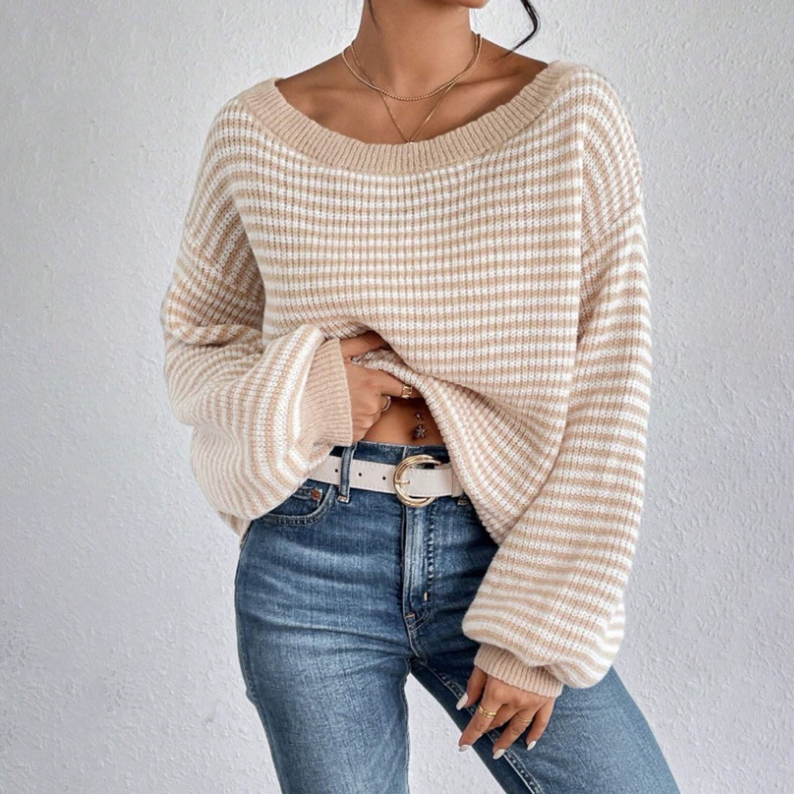 Striped Balloon Sleeve Pullover Sweater (Buy 2 Free Shipping)