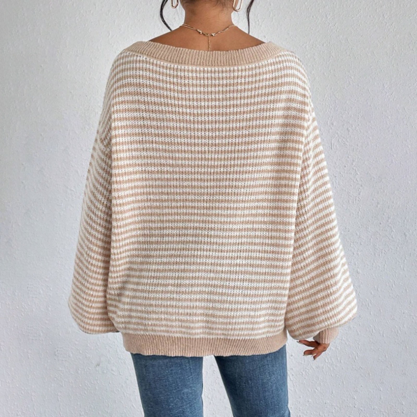 Striped Balloon Sleeve Pullover Sweater (Buy 2 Free Shipping)