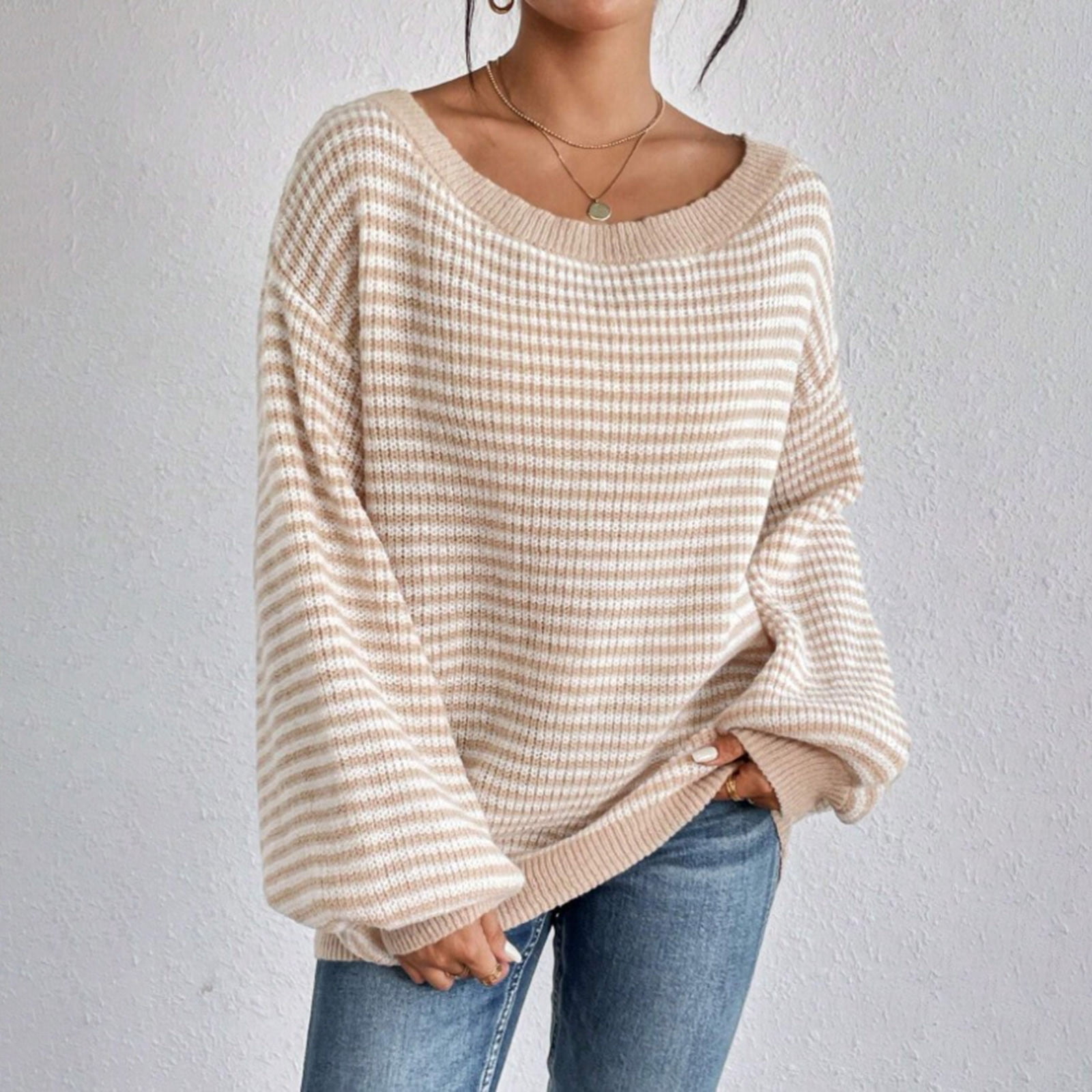 Striped Balloon Sleeve Pullover Sweater (Buy 2 Free Shipping)