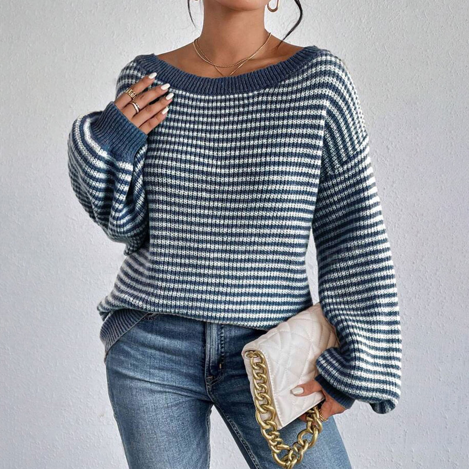 Striped Balloon Sleeve Pullover Sweater (Buy 2 Free Shipping)