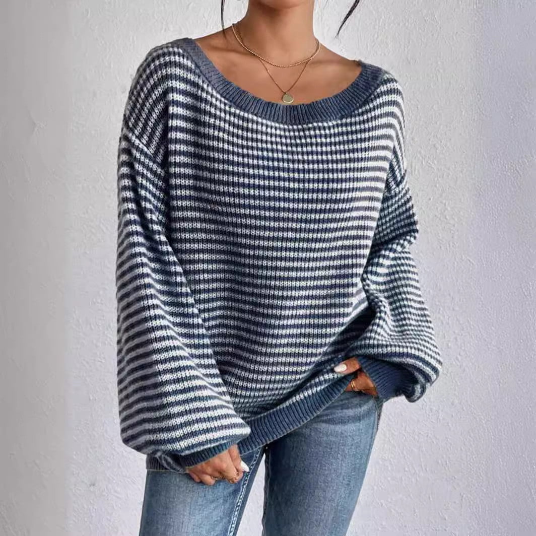 Striped Balloon Sleeve Pullover Sweater (Buy 2 Free Shipping)
