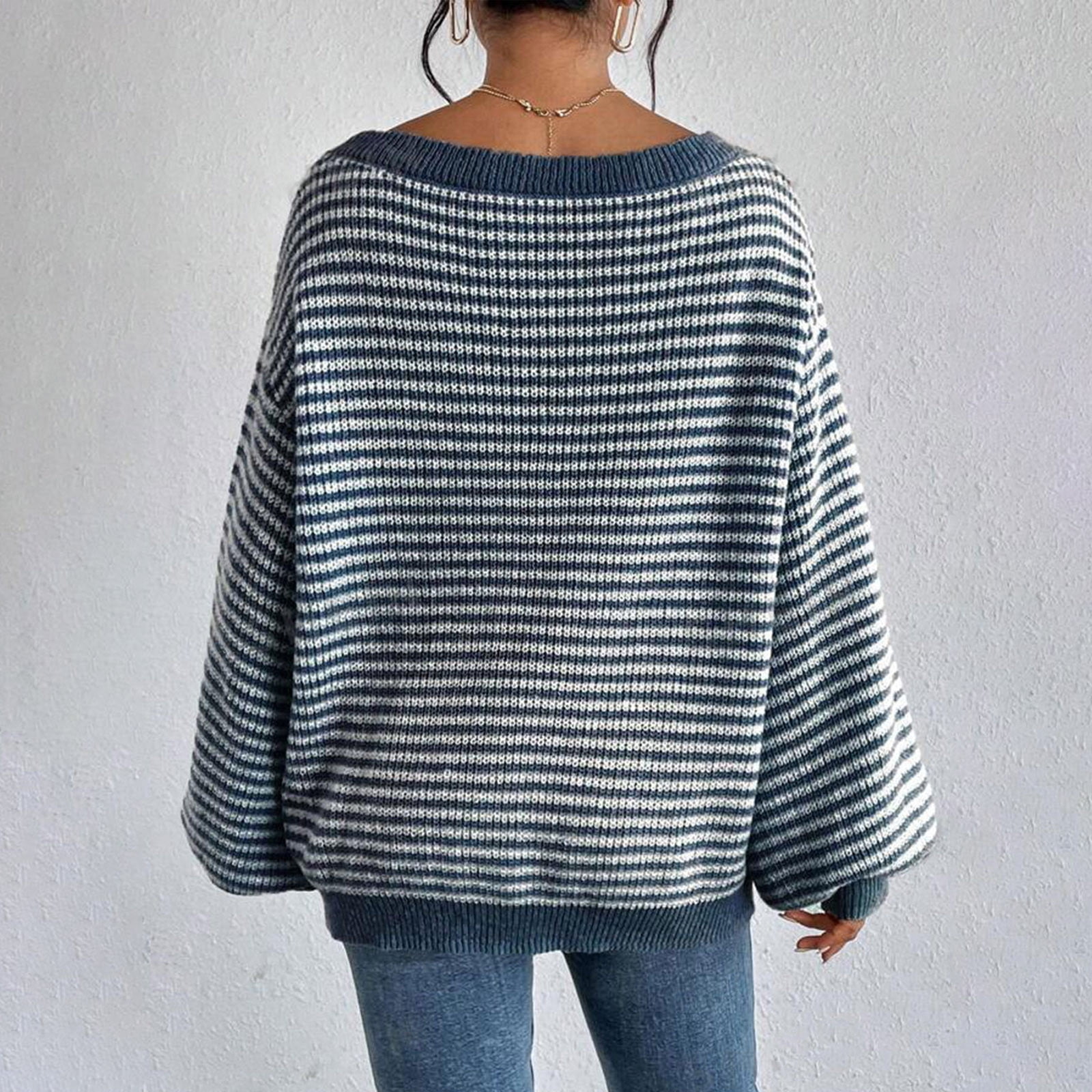 Striped Balloon Sleeve Pullover Sweater (Buy 2 Free Shipping)