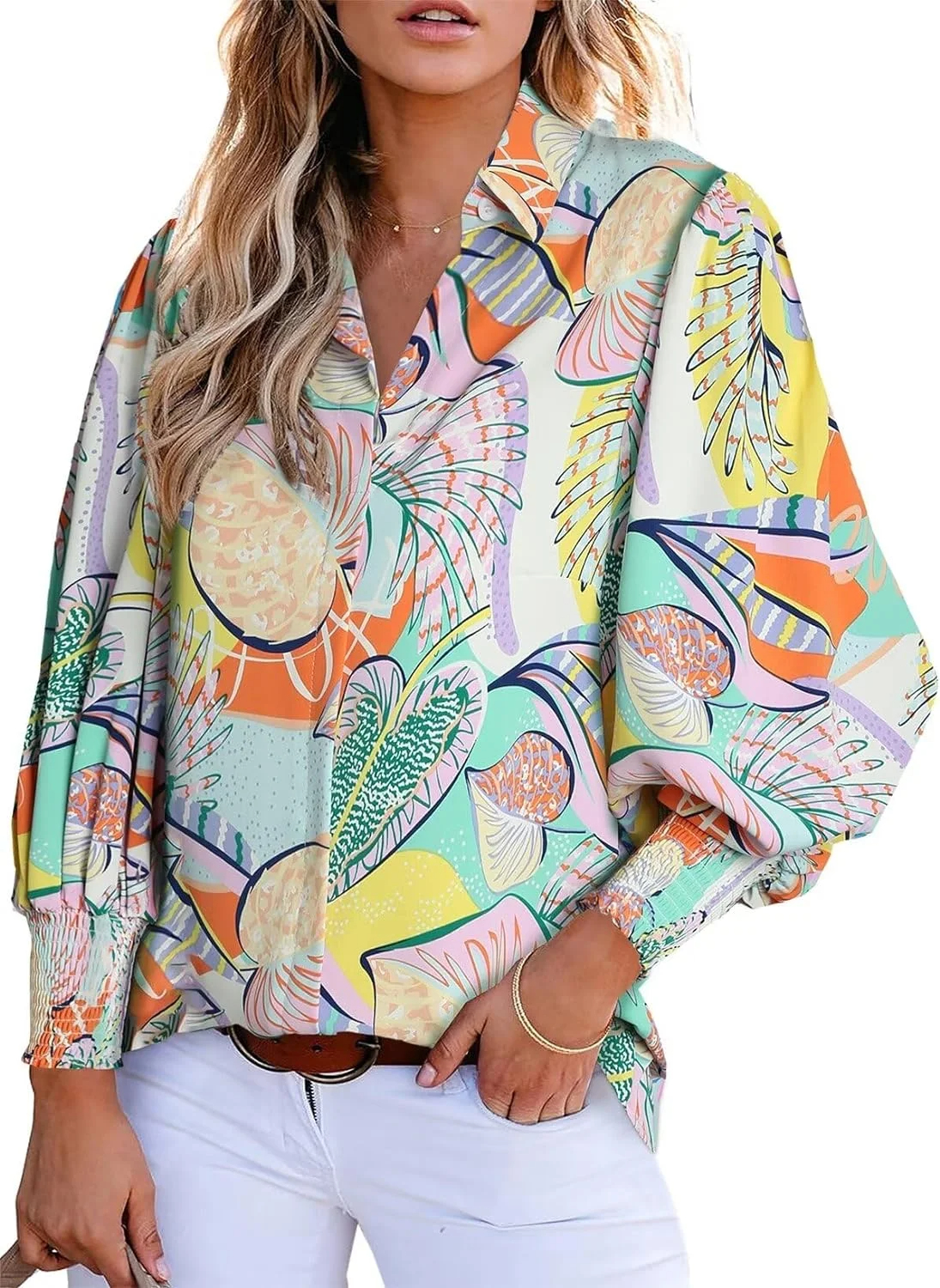 Women's Loose V-Neck Paisley Print Lantern Sleeve Blouse Top