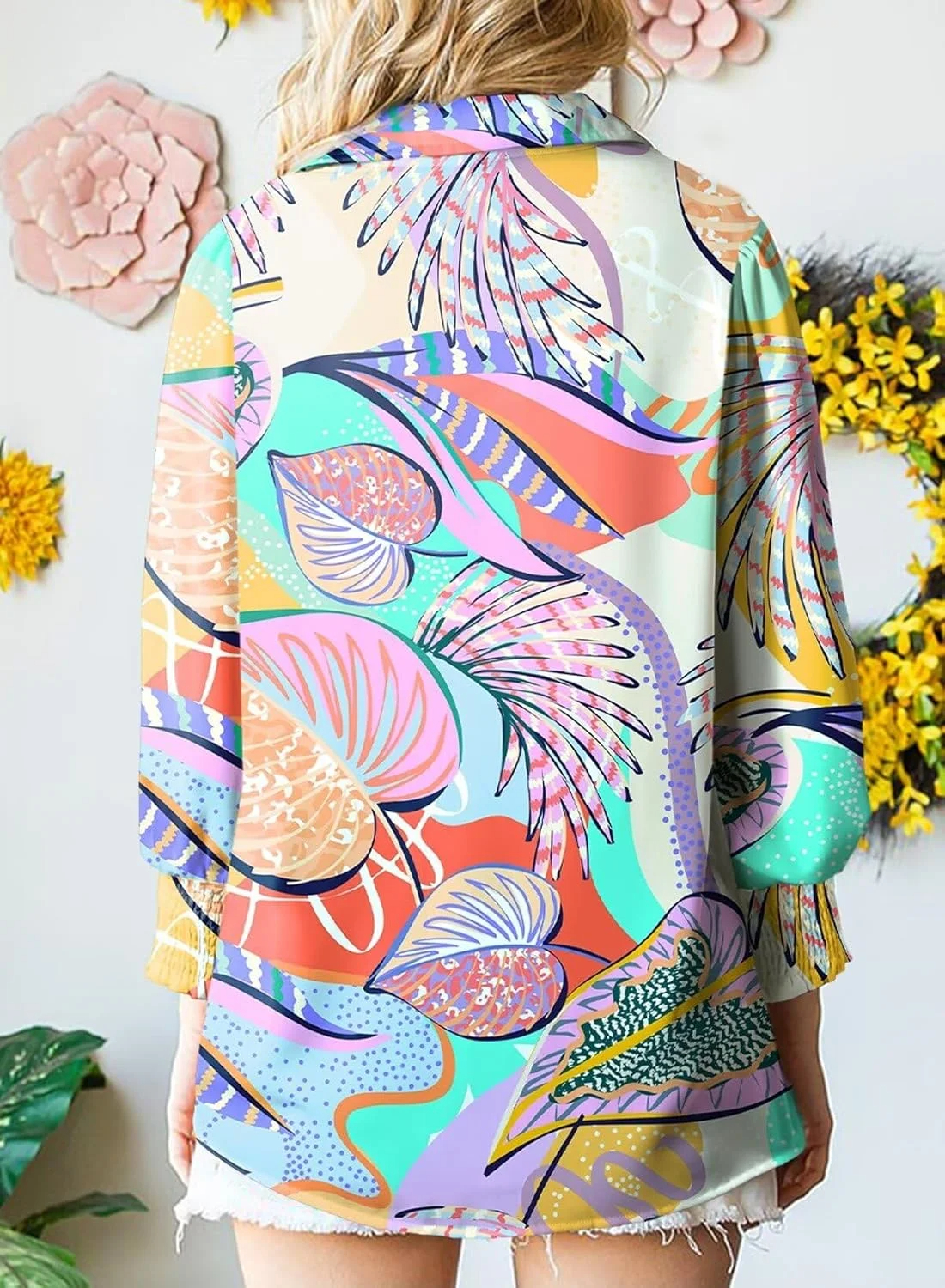 Women's Loose V-Neck Paisley Print Lantern Sleeve Blouse Top